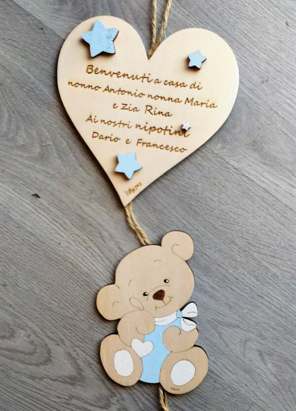 Cuore con orsetto in legno frase personalizzabile incisa a laser H.20CM 2461