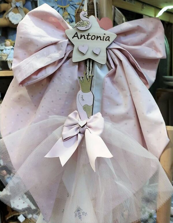 Fiocco nascita in cotone con cigno  e cuore in legno personalizzabile 3128 Pattycrea
