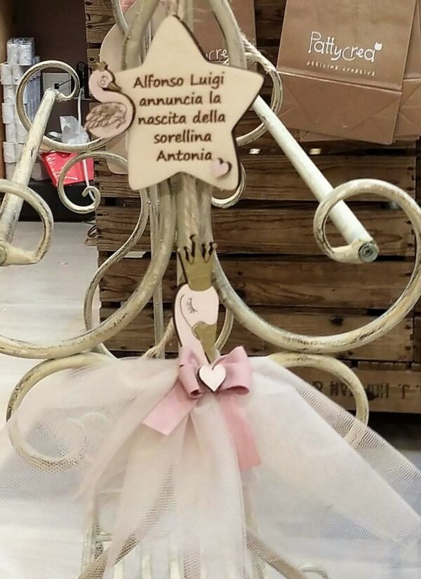Fiocco nascita piccolo con stella legno personalizzabile con cigno 3129 Pattycrea