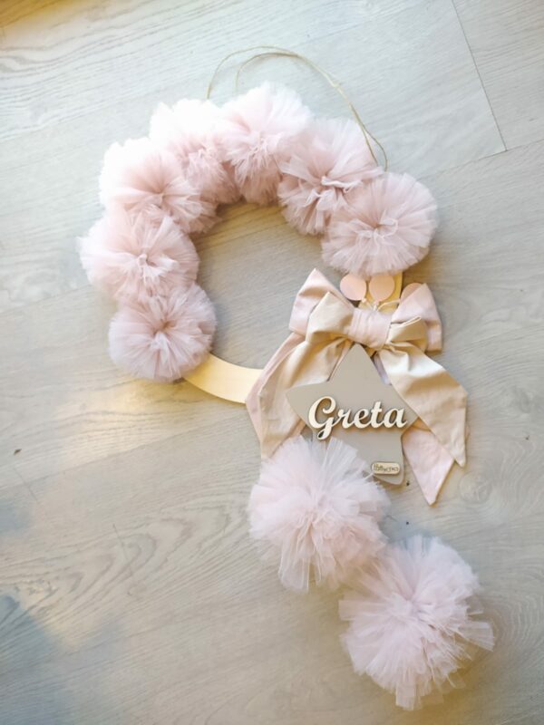 Fiocco nascita pon pon tulle velluto palloncini cerchio legno e cuore personalizzato D.30cm 2950