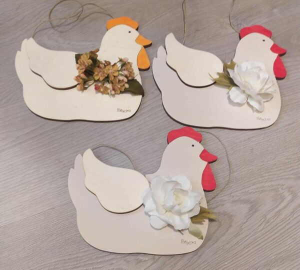 Gallina legno dipinta a mano con fiori H.20cm Pattycrea