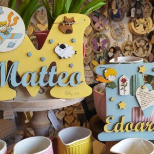 Lettera in legno iniziale con nome e decori Piccolo Principe incisa laser H.20cm 3363 Pattycrea