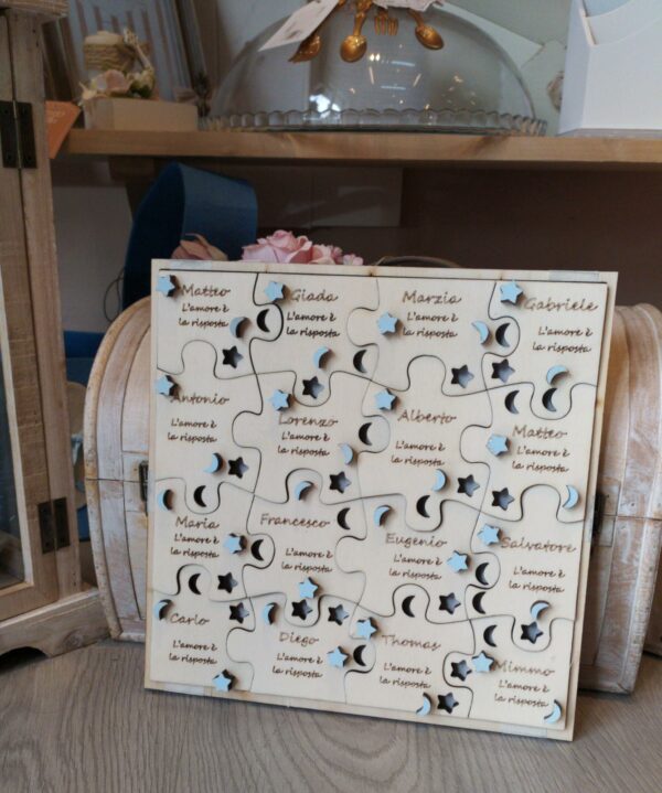 PANNELLO PUZZLE LEGNO CON NOME E FRASE INCISO LASER 25x25CM  16 TESSERE 2255