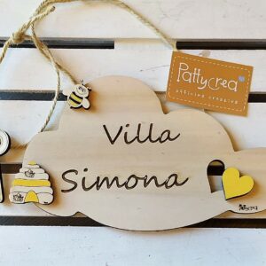 Nuvola in legno con scritta cuoricino alveare e apine 18x25cm 2385