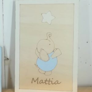 Quadretto legno con elefantino e nome inciso 13x20 cm 2262