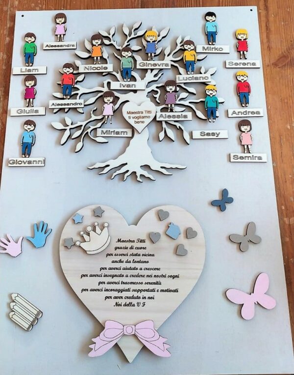 Quadro albero della vita cuore con frase cuoricini bimbi scuola matite farfalle e chiave. H.50x35cm 2866