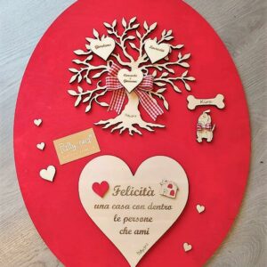 Quadro con albero della vita cuore e frase incisa a laser tutto in legno dipinto a mano in rosso H.80cm 2591