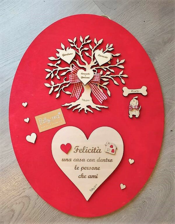 Quadro con albero della vita cuore e frase incisa a laser tutto in legno dipinto a mano in rosso H.80cm 2591