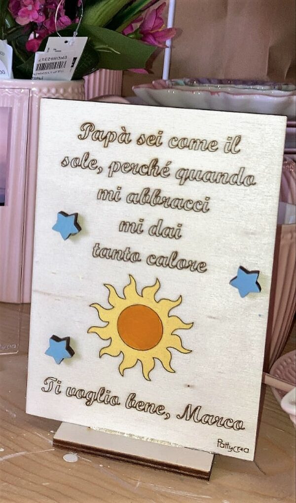 Targa il legno con baser sole incisa persnalizabile per la Festa del Papà H17cm 2791