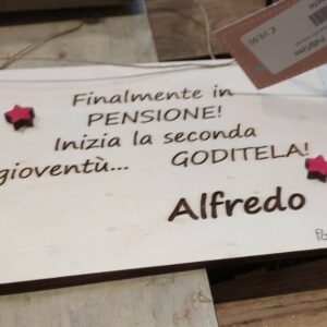 Targa legno con frase incisa pensionamento 14x20cm 3114