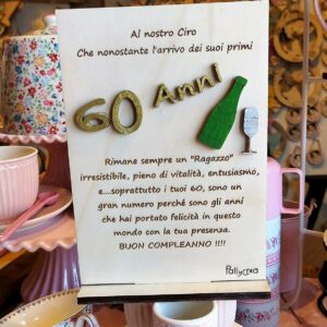 Targa legno incisa a laser con frase personalizzabile compleanno e decori Idea Regalo H.20cm Pattycrea Lab 3436