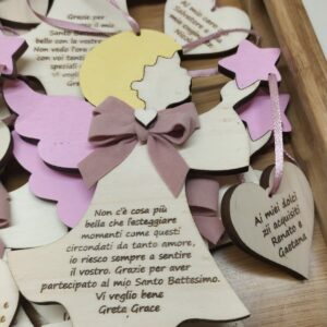Angelo legno con stella H.15cm con frase personalizzabile piu cuoricino dipinto a mano Pattycrea