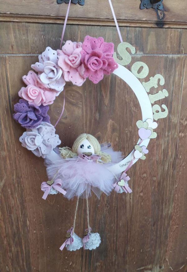 Cerchio D.30cm con bambolina e fiori feltro personalizzabile