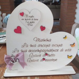 Cuore con base inciso laser con dedica mamma personalizzabile Idea Regalo H.30cm Pattycrea