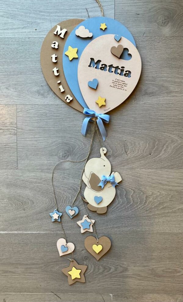 Fiocco legno laser nascita palloncini elefantino e decori personalizzabile H.30cm Pattycrea