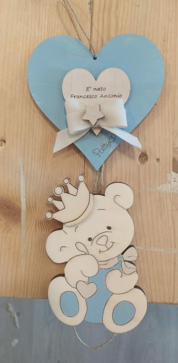 Fiocco nascita con cuore e orsetto personalizzabile dipinto a mano 10cm