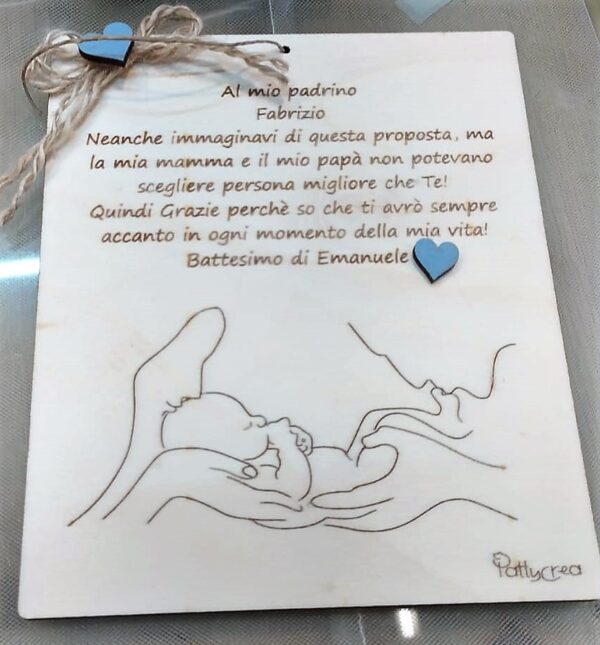 Targa il legno incisa per padrino o madrina H20 cm Pattycrea