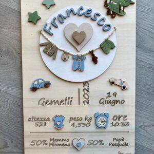 Targa in legno incisa a laser con i dati della nascita personalizzabile decori a rilievo H.40 cm Pattycrea