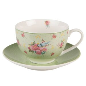 Tazzina Da Caffè Con Piattino 200 Ml Verde Porcellana Fiori Set Da Tavola Clayre e Eef