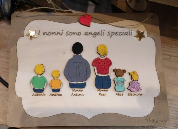 Quadretto nonni con personaggi e frase personalizzabile H.22cm Idea Regalo festa dei nonni Pattycrea