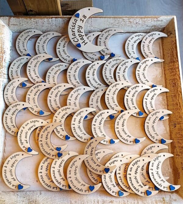 Luna legno incisa a laser con frase personalizzabile 7cm Pattycrea