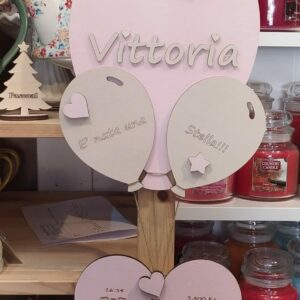 Palloncino legno frase incisa laser personalizzabile nascita Pattycrea