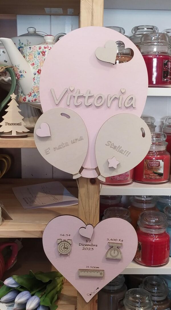 Palloncino legno frase incisa laser personalizzabile nascita Pattycrea