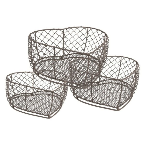 Cesto Per Riporre Set Di 3 25x25x7 / 20x20x6 / 15x15x6 Cm Marrone Ferro A Forma Di Cuore Cestini Per La Cucina Clayre
