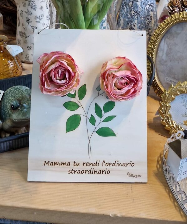 Quadretto con frase personalizzabile fiori tessuto foglie dipinte 25cm