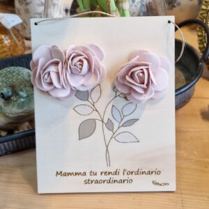 Quadretto  con frase personalizzabile fiori tessuto foglie dipinte 20cm