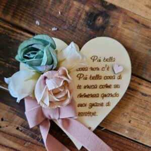 Cuore in legno con frase incisa a laser  fiori e fiocchi personalizzabile con scatola  H.11cm  Pattycrea