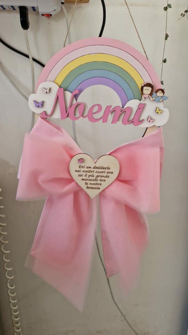 Fiocco nascita cerchio legno con arcobaleno 25cm personalizzabile fiocco tessuto e tulle