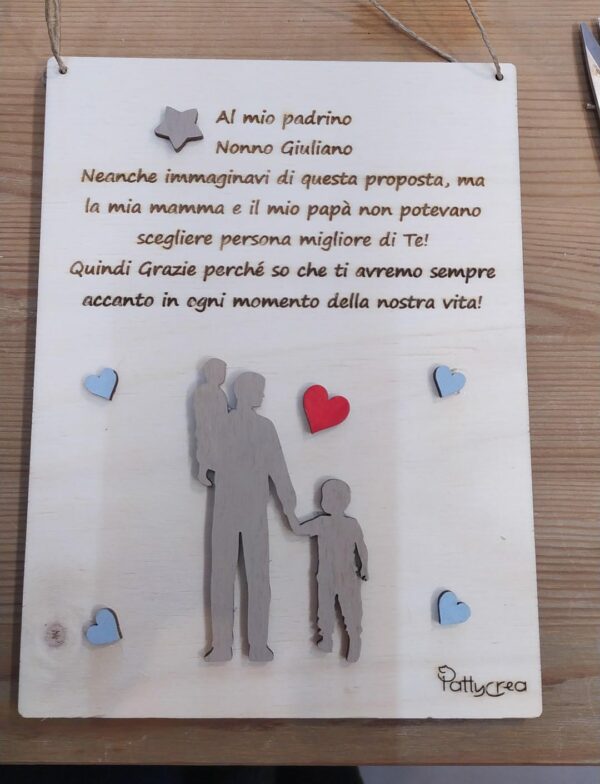 Targa il legno incisa per padrino o madrina H20 cm Pattycrea