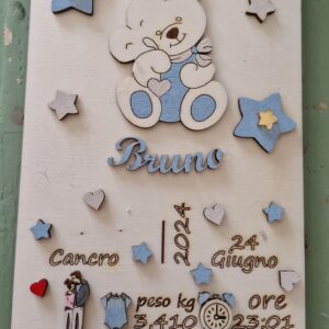 Targa in legno incisa a laser con i dati della nascita personalizzabile decori a rilievo H.20cm