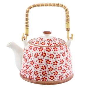 Teiera con infusore 18x14x12cm 700ml rosso ceramica fiori rotondo teiera giapponese Clayre & Eef