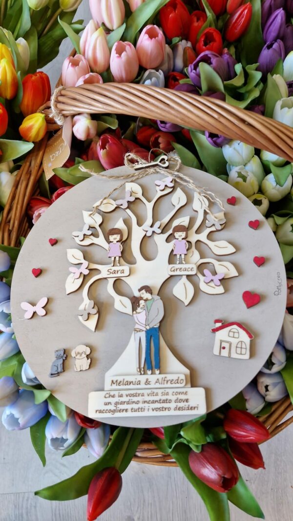 Cerchio con albero della vita legno inciso laser personalizzabile con frase e personaggi D.25cm Pattycrea
