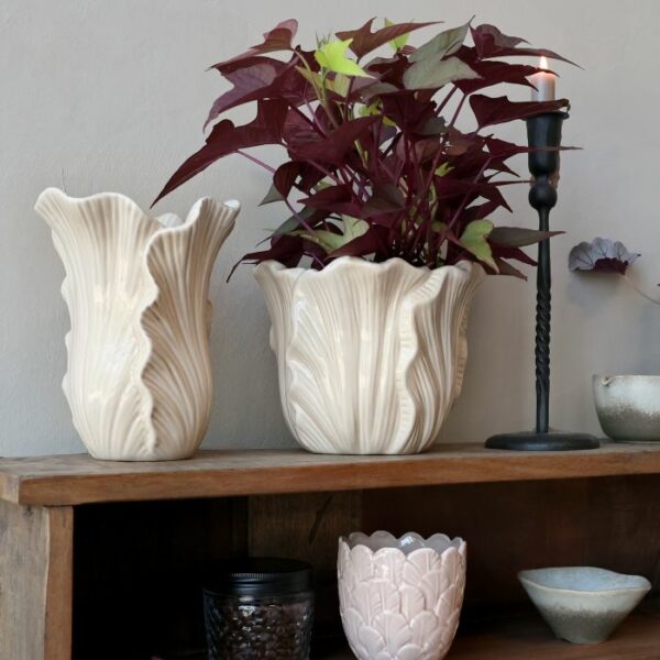 Vaso Fayence con foglie, H16/D18 cm linen Chic Antique