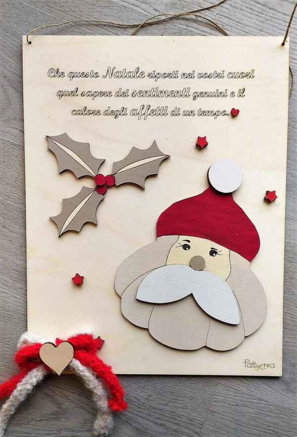 Fuoriporta in legno babbo Natale con scritta e frase incisa personalizzabile fiocchi H.40cm 3073 Pattycrea