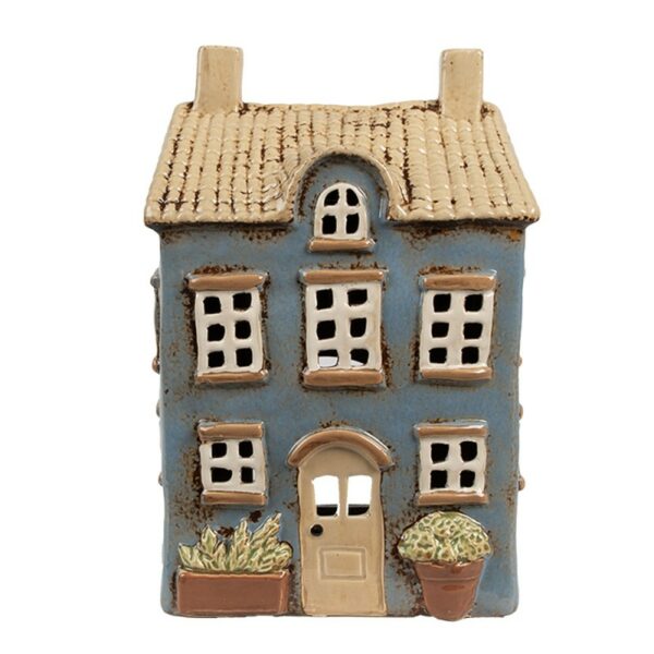 Portacandela casetta blu beige 16x10x23cm Clayre