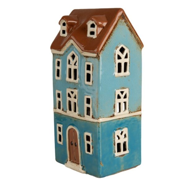 Portacandela casetta blu marrone 12x8x18cm Clayre