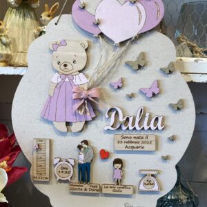 Ovale nascita con orsetta palloncini a forma di cuore genitori sorellina bilancia metro orologio farfalle tutto dipinto a mano 30cm