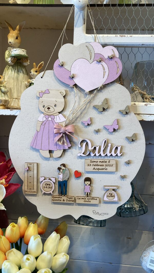 Ovale nascita con orsetta palloncini a forma di cuore genitori sorellina bilancia metro orologio farfalle tutto dipinto a mano 30cm