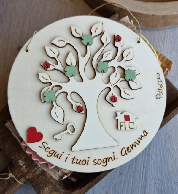 Cerchio con albero della vita con coccinelle e quadrifoglio dipinto a mano con scritta personalizzabile  4722 20cm
