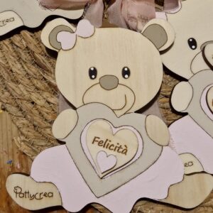 Orsetto legno inciso laser e dipinto a mano personalizzabile 15cm pattycrea 4274