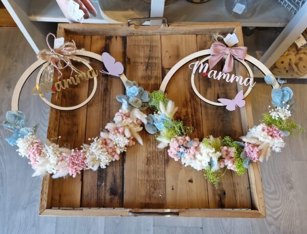 Ghirlanda con doppio cerchio con scritta mamma con fiori e farfalle 30cm festa della mamma  4731