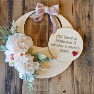 Ghirlanda cerchio legno inciso laser tag mamma con fiori 20cm festa della mamma 4735