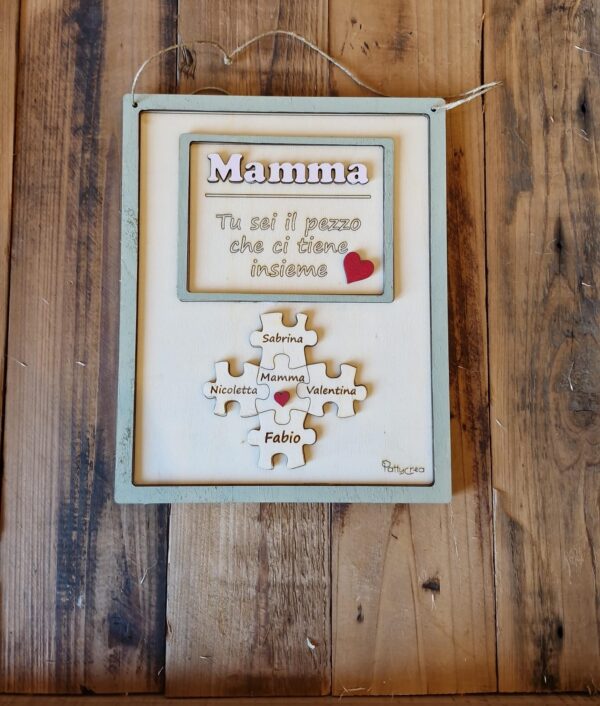 Quadretto legno inciso laser con doppia cornice frase puzzle tutto decorato a mano 25x20cm festa della mamma 4738