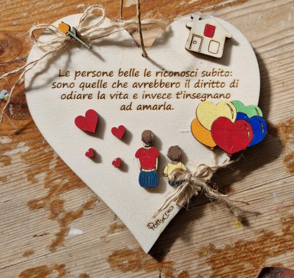 Cuore con frase con mamma e figlio pallocini  H.15cm Pattycrea