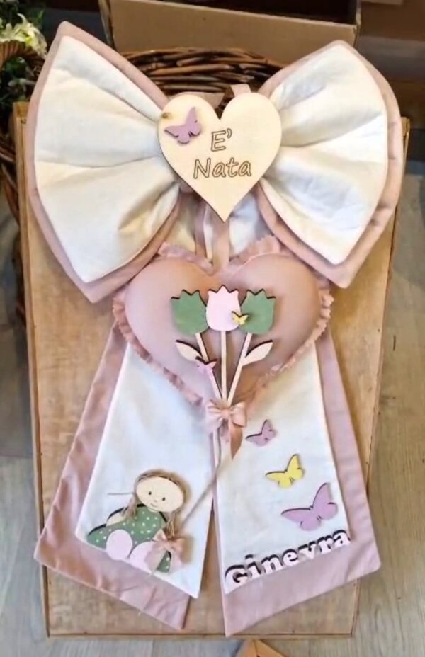 Fiocco Nascita puro cotone con decorazioni bimba con tulipani nome dipinta a mano palloncini Pattycrea