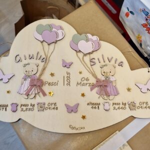 Nuvola  in legno incisa a laser con i dati della nascita personalizzabile decori a rilievo H.40 cm 4666